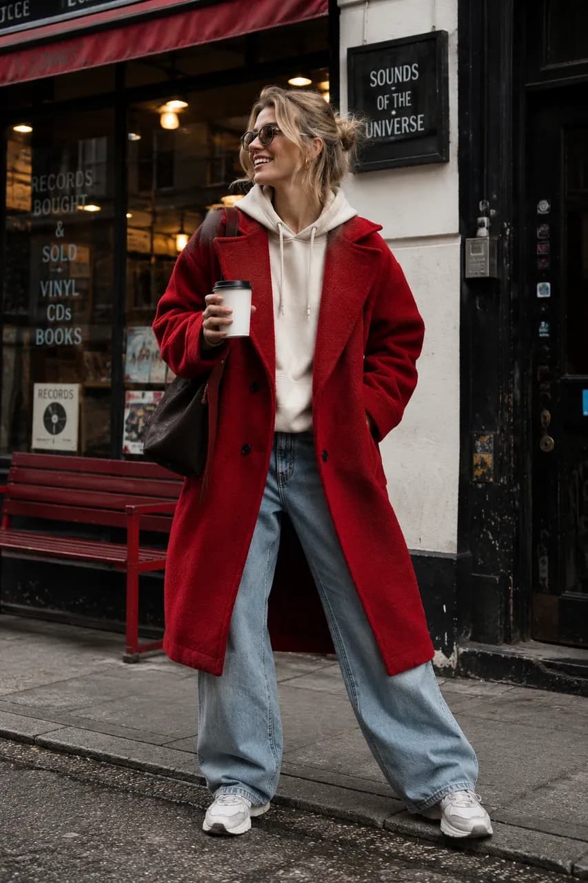Estilo urbano con abrigo rojo y denim