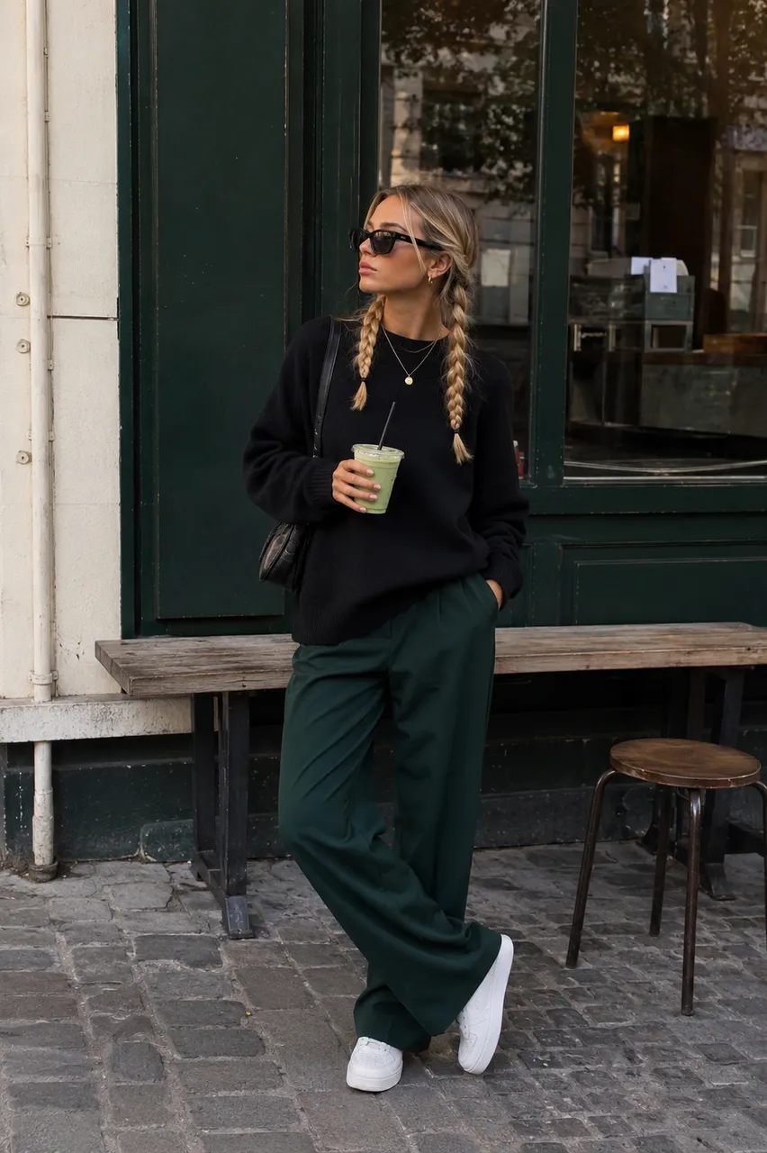Estilo casual con pantalones verdes y suéter negro