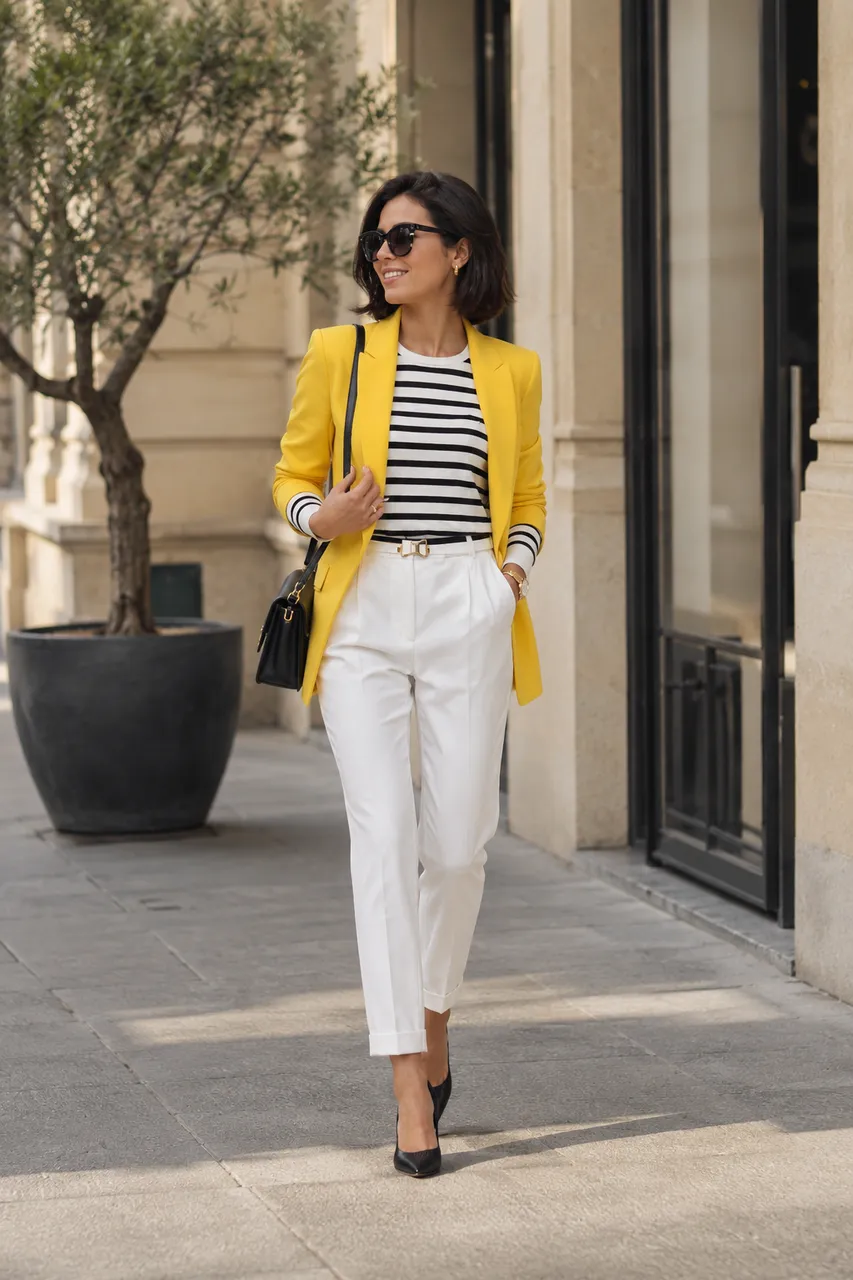 Estilo moderno con blazer amarillo y rayas