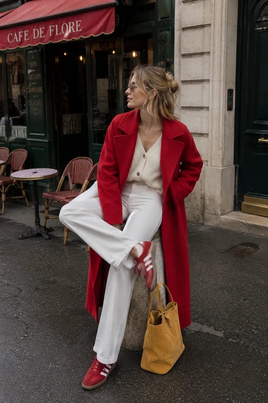 Estilo casual con abrigo rojo y sneakers
