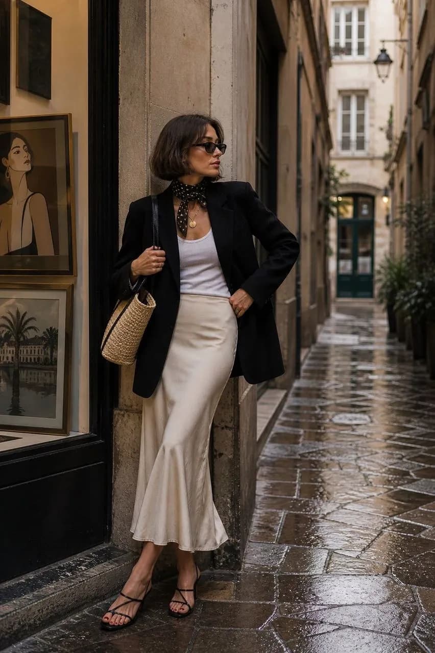 Estilo elegante con blazer y falda satinada