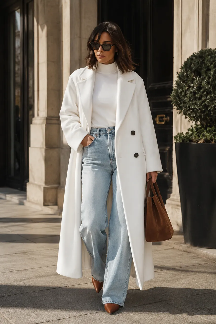 Estilo minimal con abrigo blanco y denim