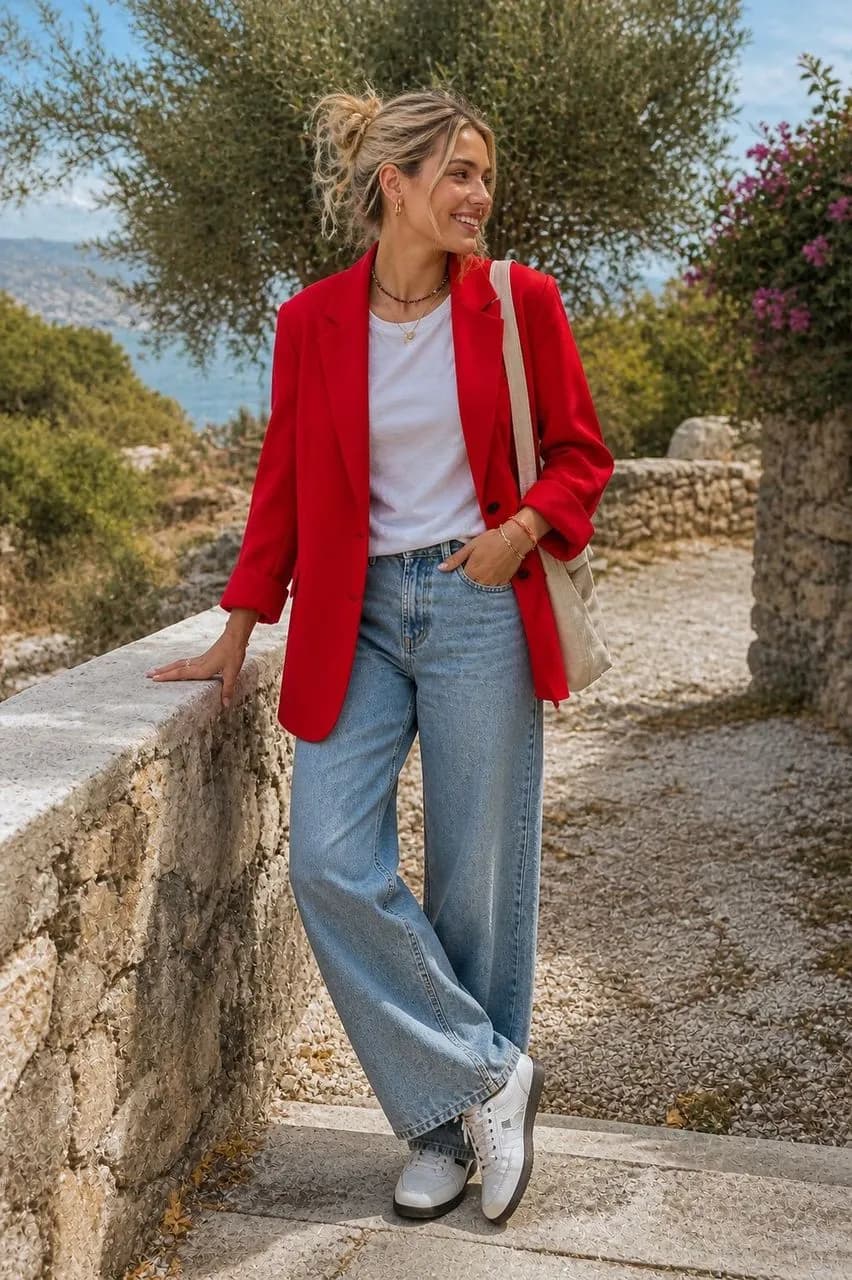 Americana en rojo, camiseta en blanco, vaqueros en azul y deportivas en blanco