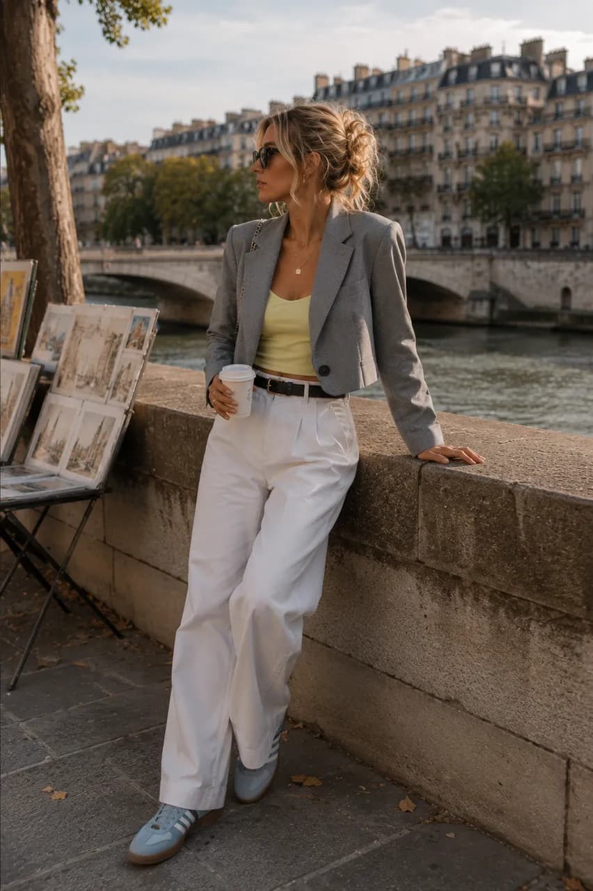 Estilo casual chic con blazer y tonos claros