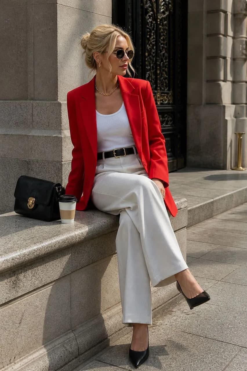 Americana en rojo, camiseta en blanco, pantalón en blanco y tacones en negro