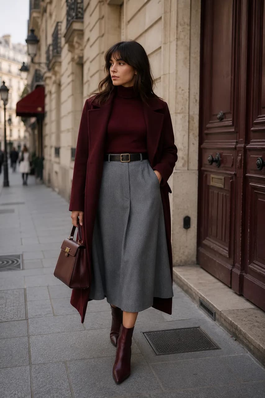 Estilo elegante en tonos burdeos y grises