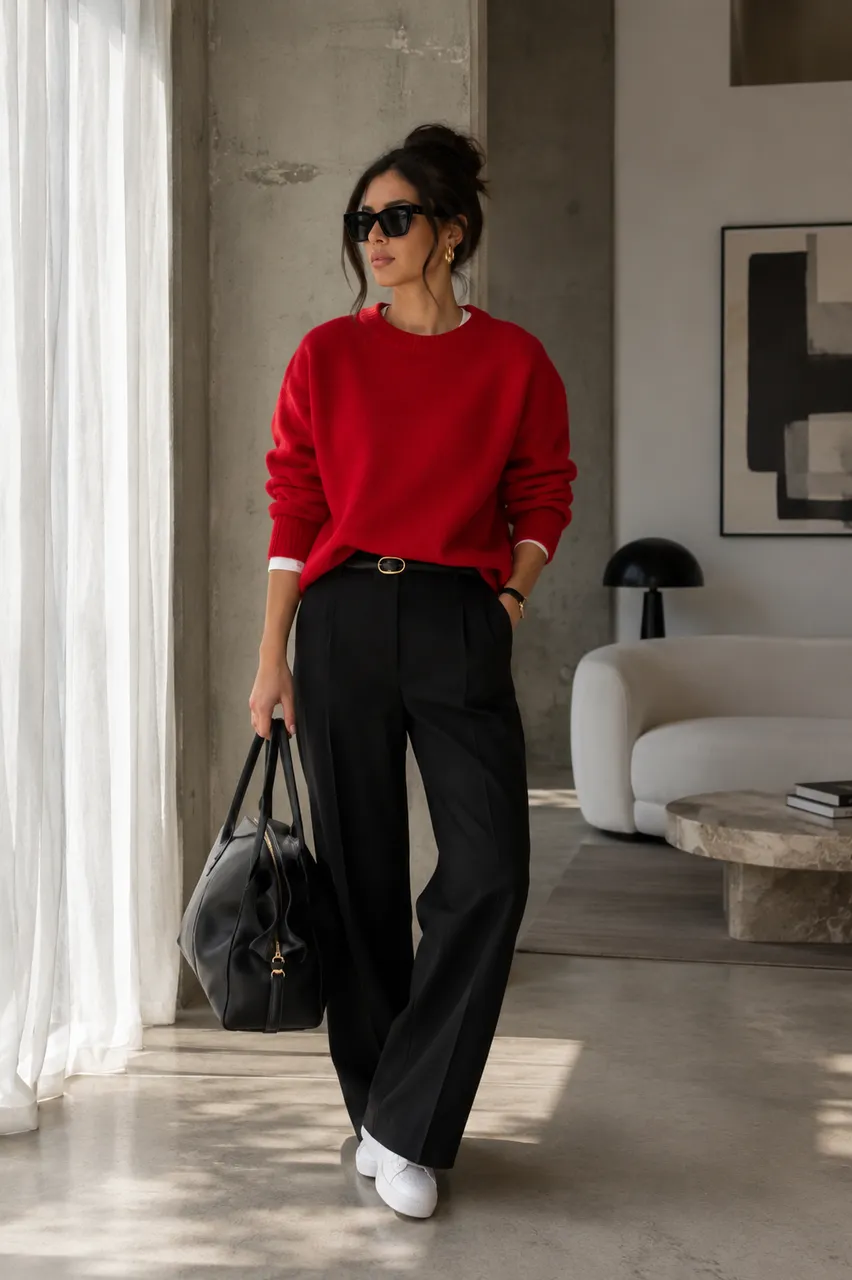 Estilo moderno con suéter rojo y pantalones negros