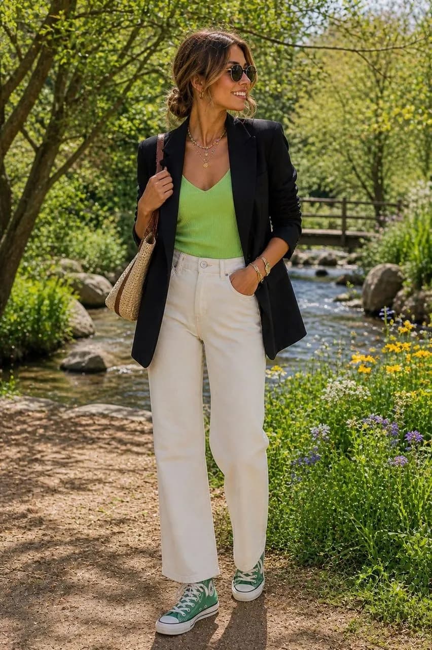 Estilo casual con blazer y toques verdes