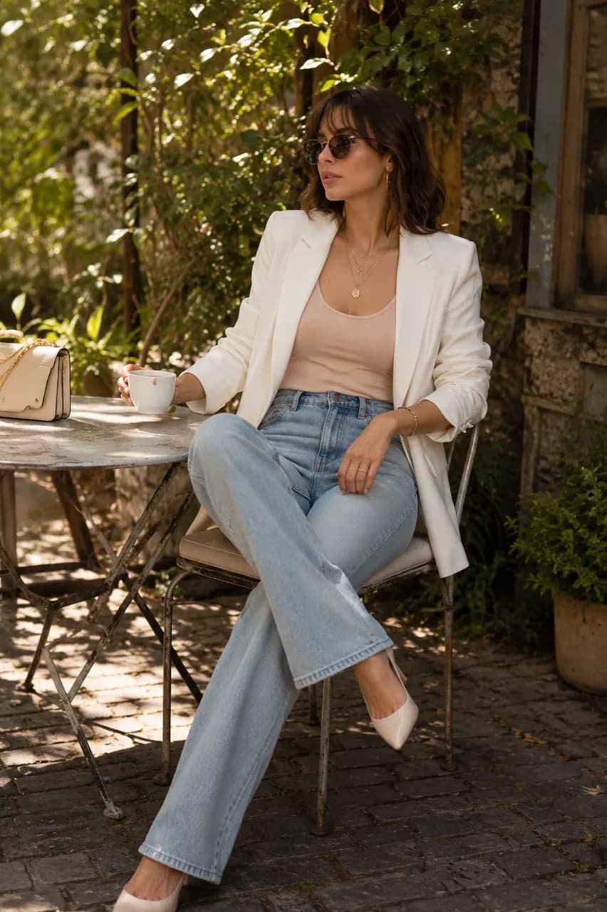 Blazer blanco y denim para un look sofisticado