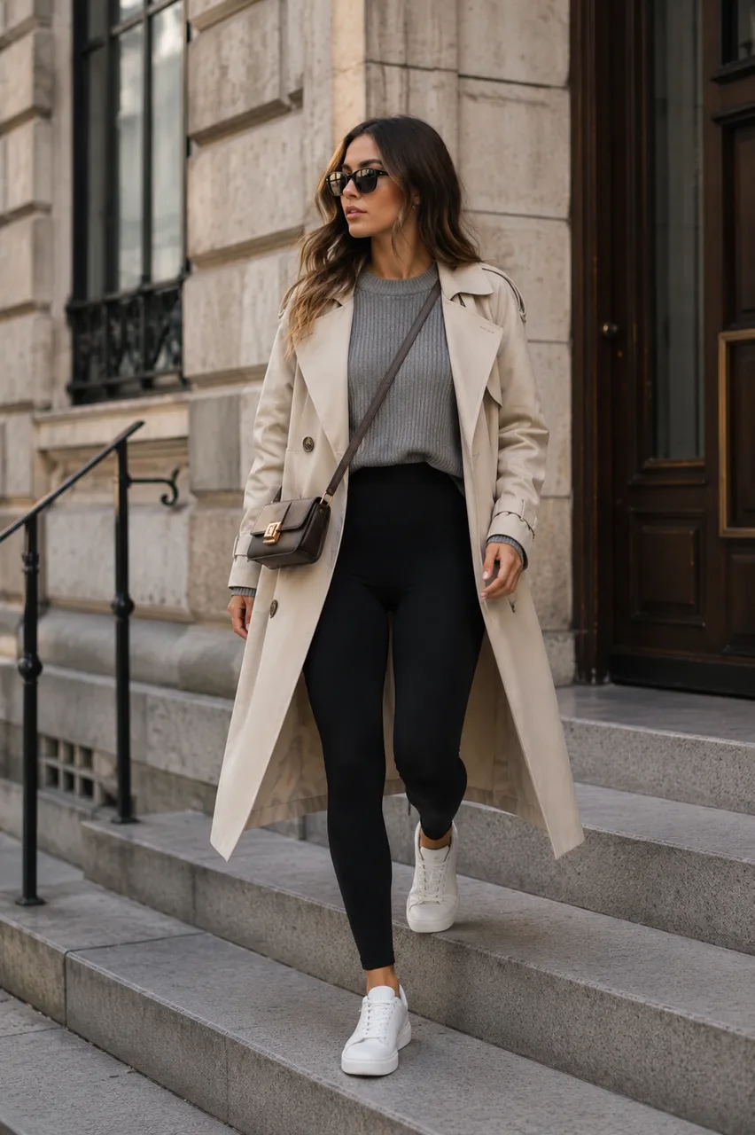 Estilo urbano con trench y básicos neutros