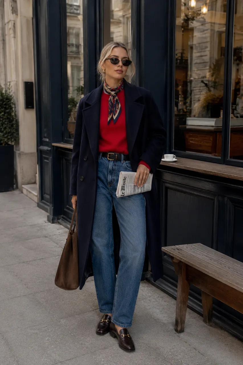 Estilo parisino con abrigo y denim