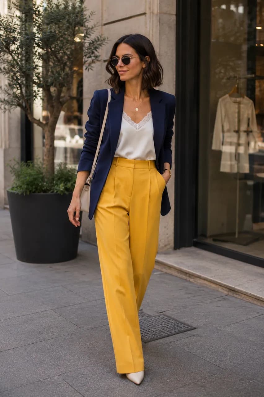 Combinación elegante de blazer azul y pantalones mostaza