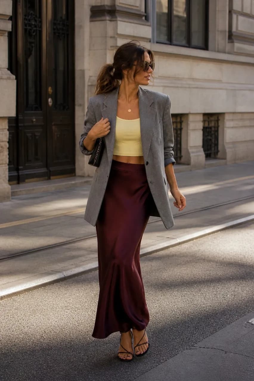 Estilo urbano con blazer gris y falda satinada