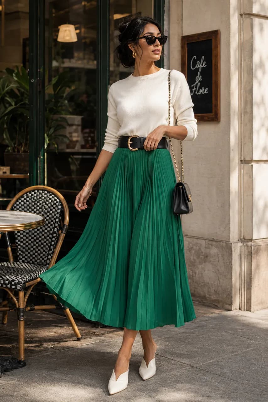 Estilo chic con falda verde y top neutro