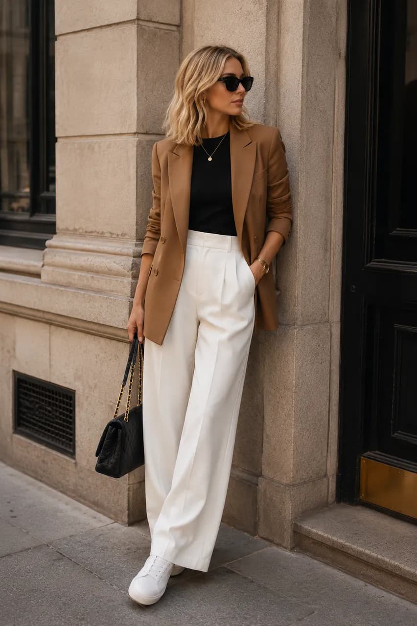 Estilo urbano con blazer camel y pantalones blancos