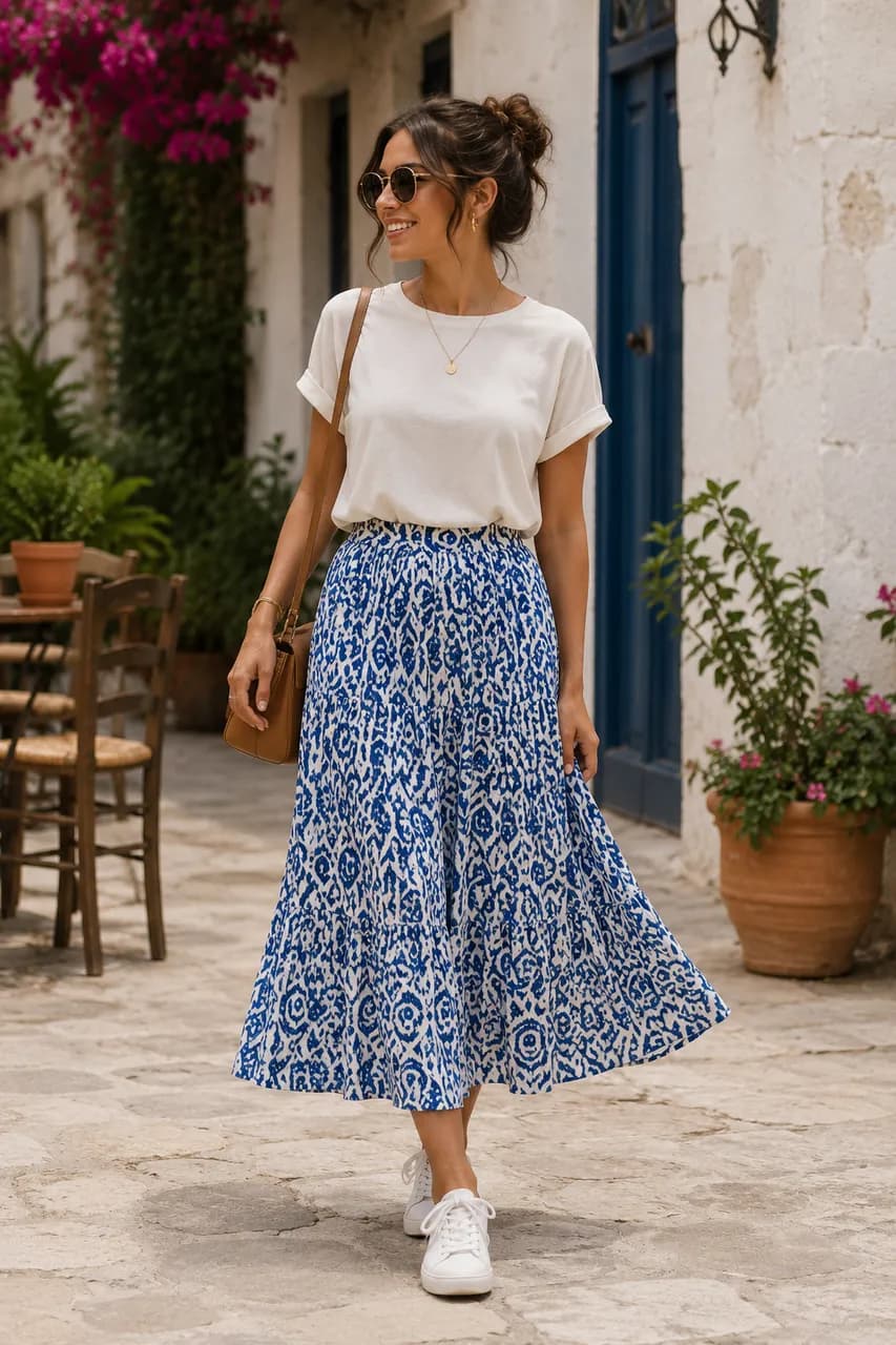Estilo casual con falda estampada y camiseta blanca
