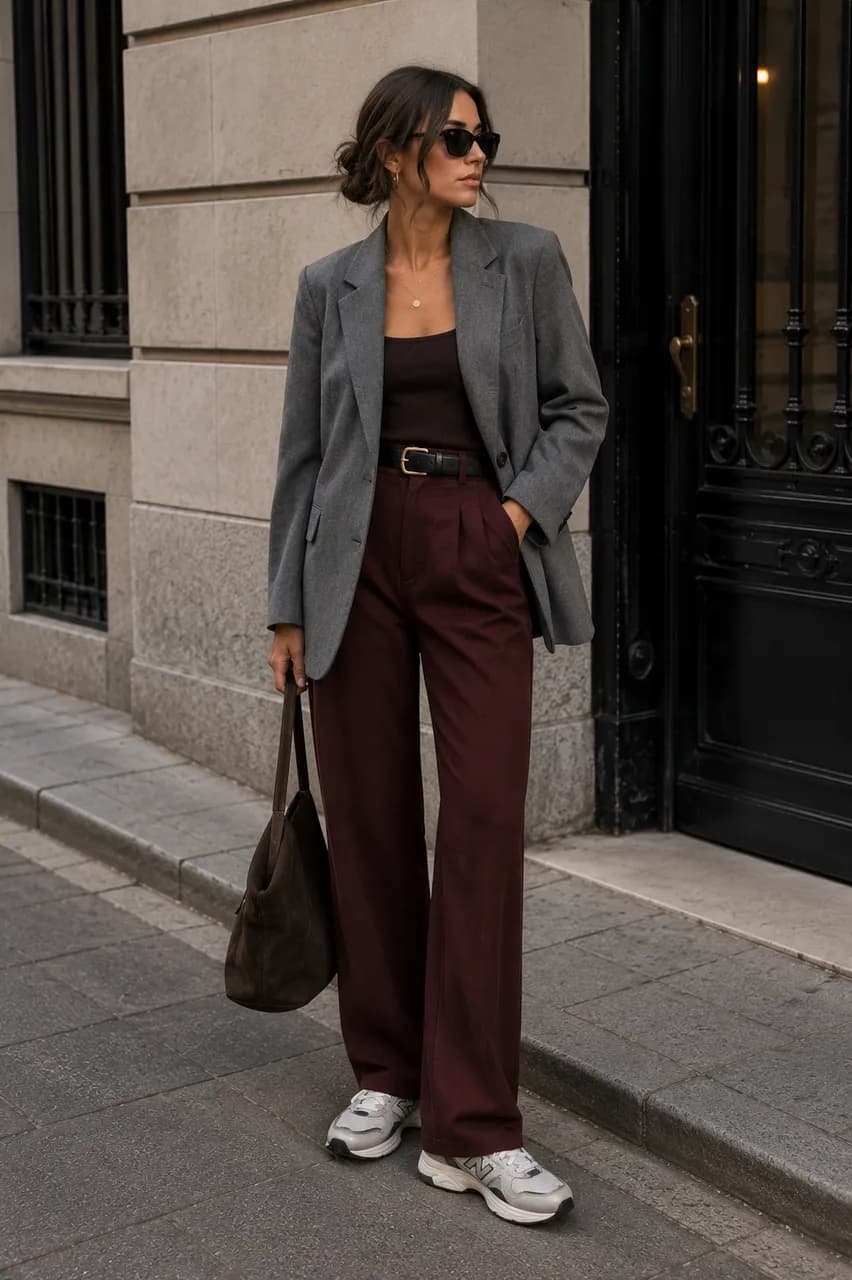 Estilo urbano con blazer gris y pantalones burdeos