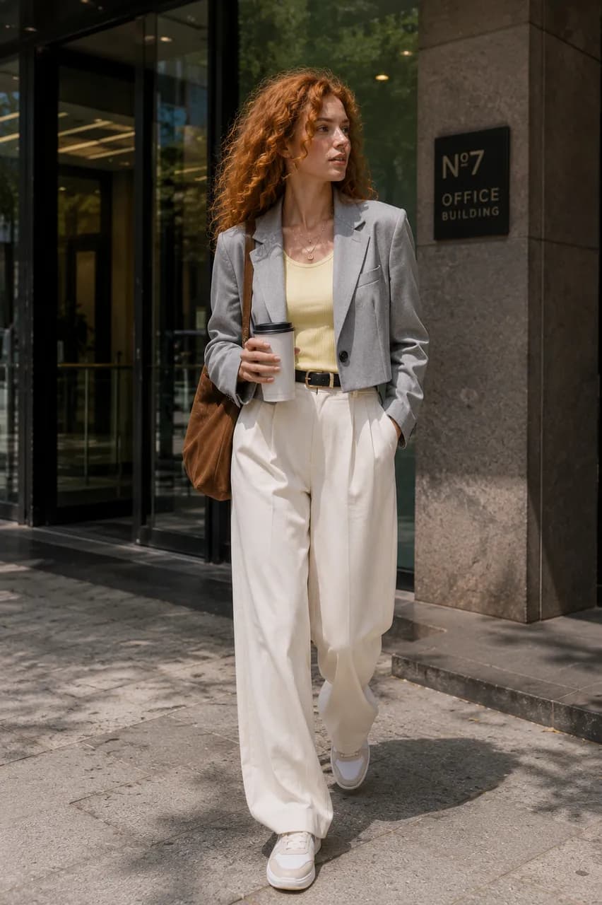 Estilo urbano con blazer gris y tonos suaves