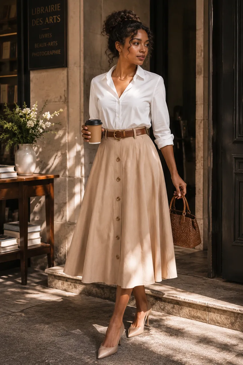 Estilo clásico con falda midi y camisa blanca