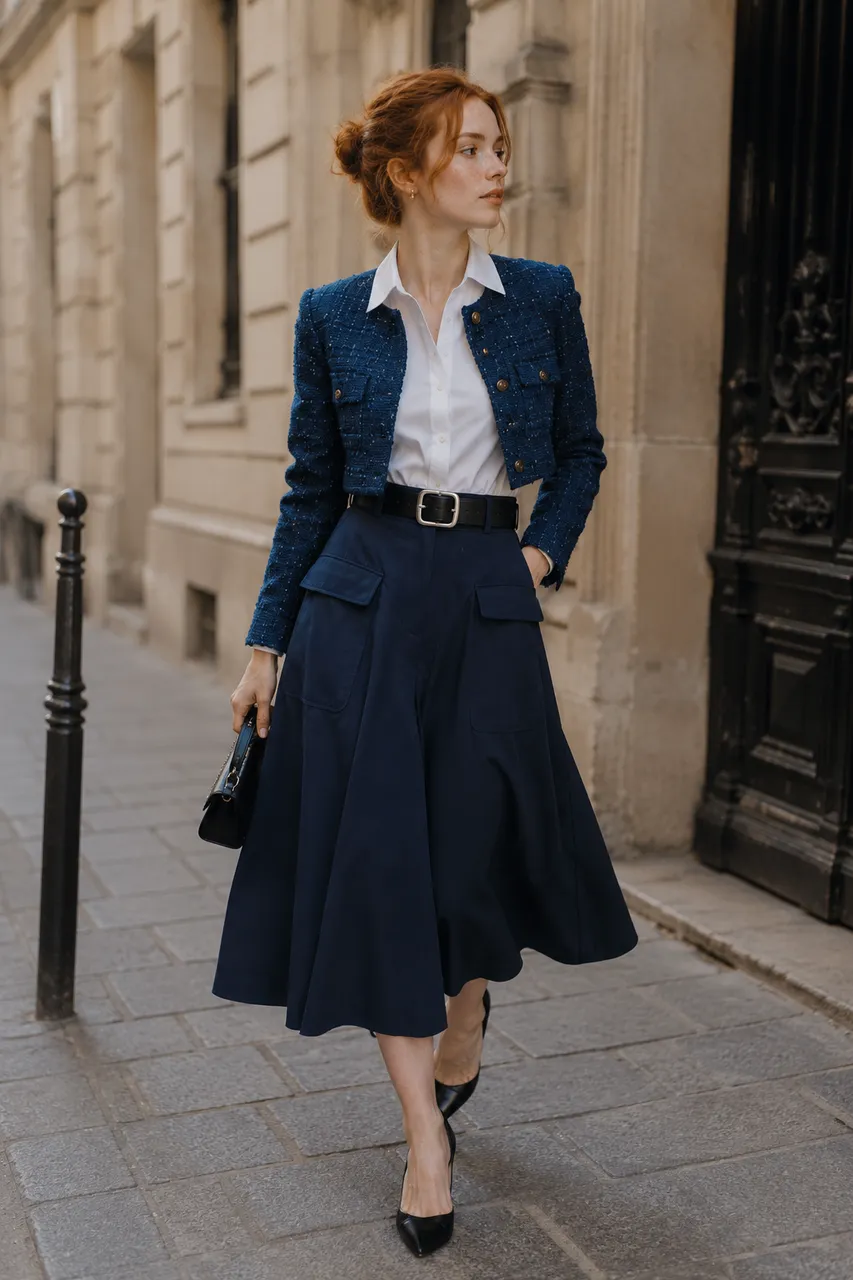 Estilo clásico con chaqueta azul y falda midi
