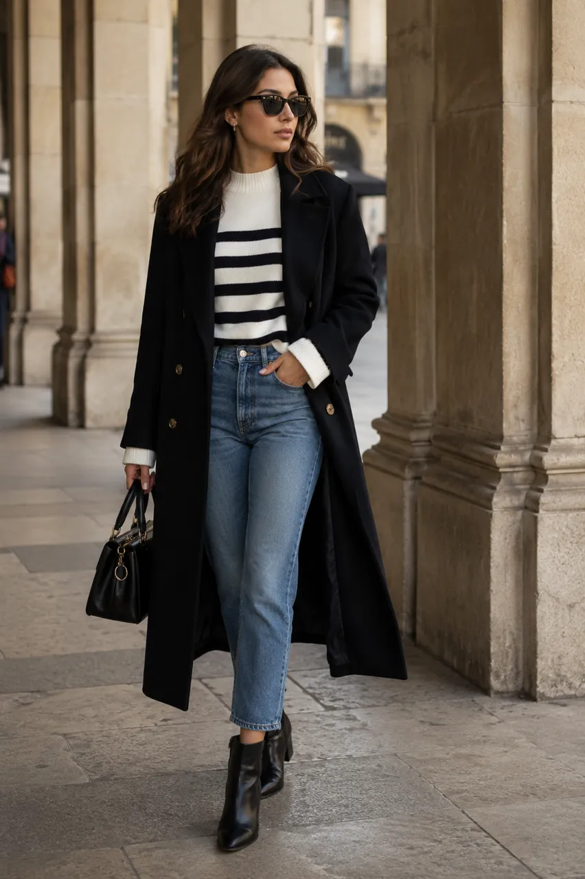 Estilo clásico con abrigo largo y denim