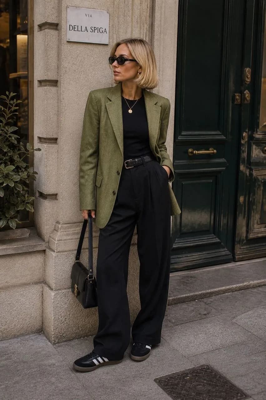 Americana en verde, camiseta en negro, pantalón en negro y deportivas en negro