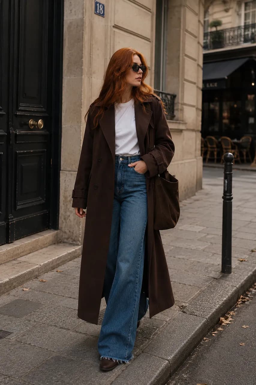 Estilo urbano con trench marrón y denim