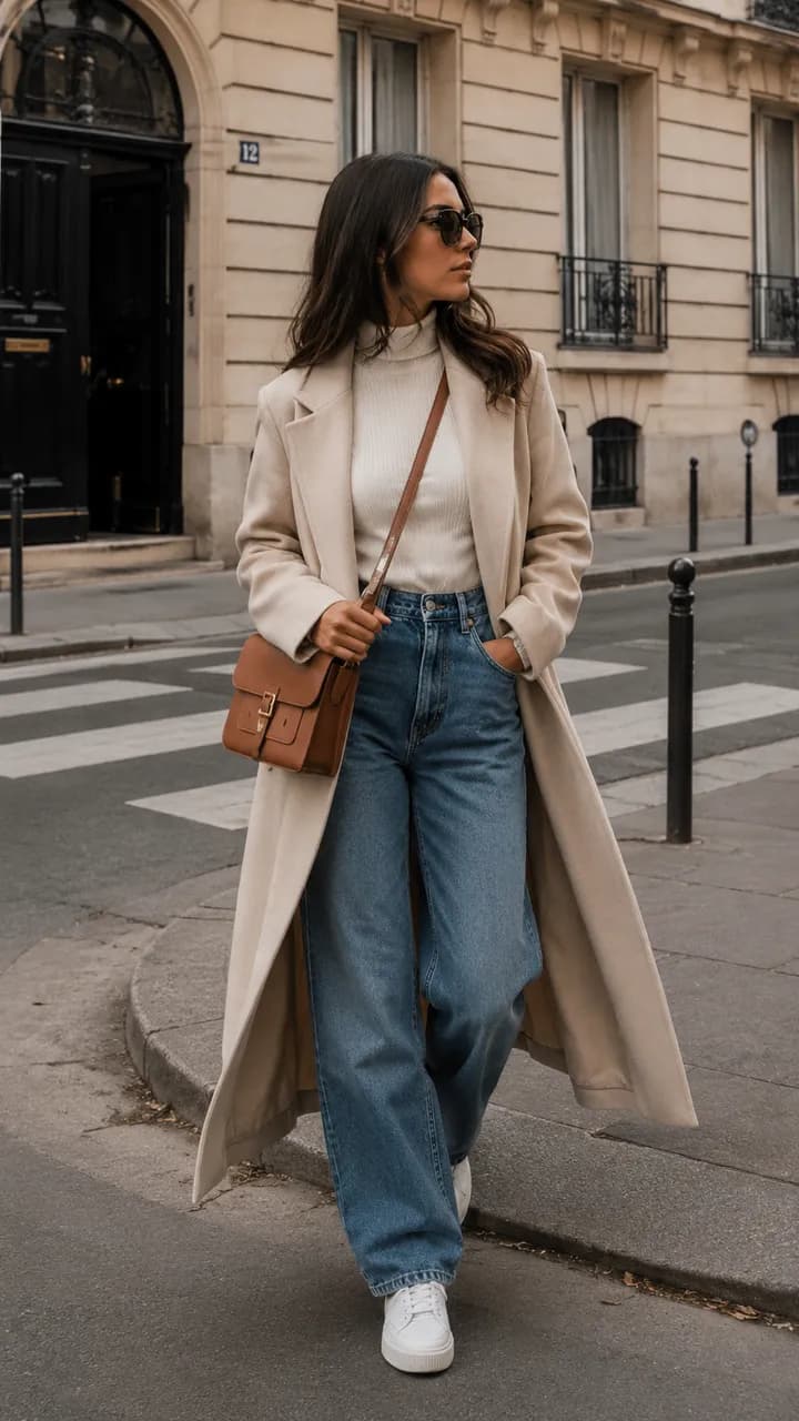 Estilo urbano con abrigo beige y denim