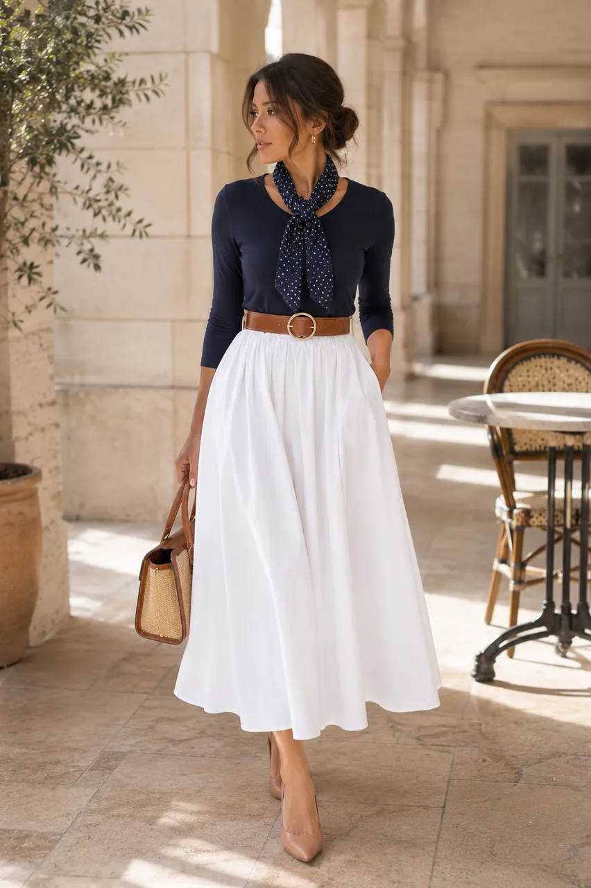 Estilo clásico con falda blanca y top azul