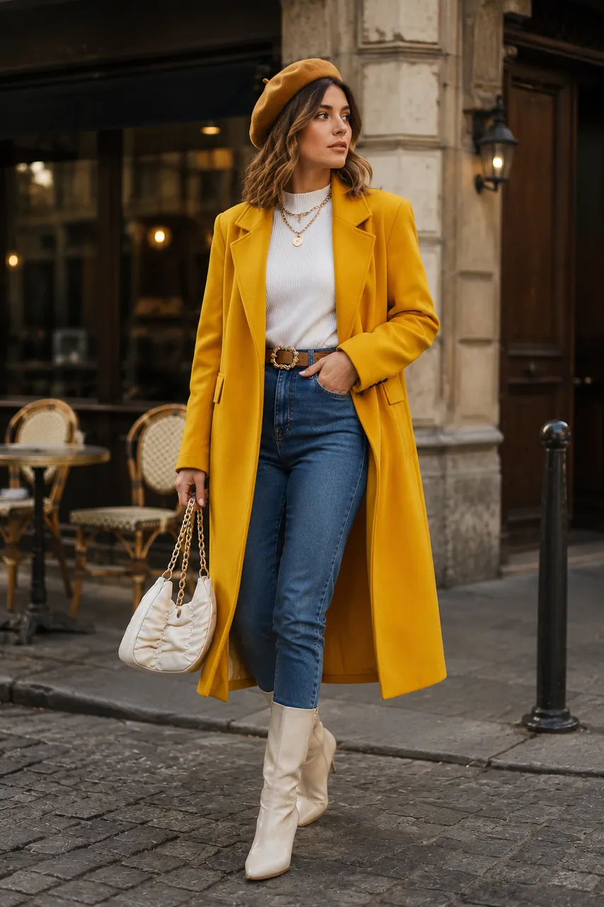 Estilo urbano con abrigo mostaza y denim