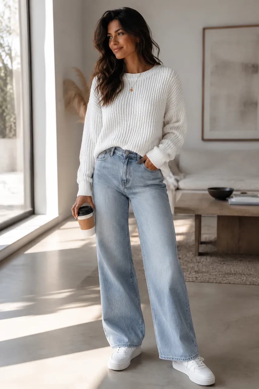 Estilo casual con denim y suéter blanco