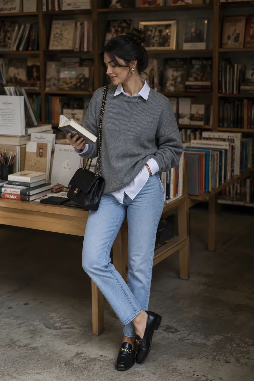 Estilo casual con jeans y suéter gris