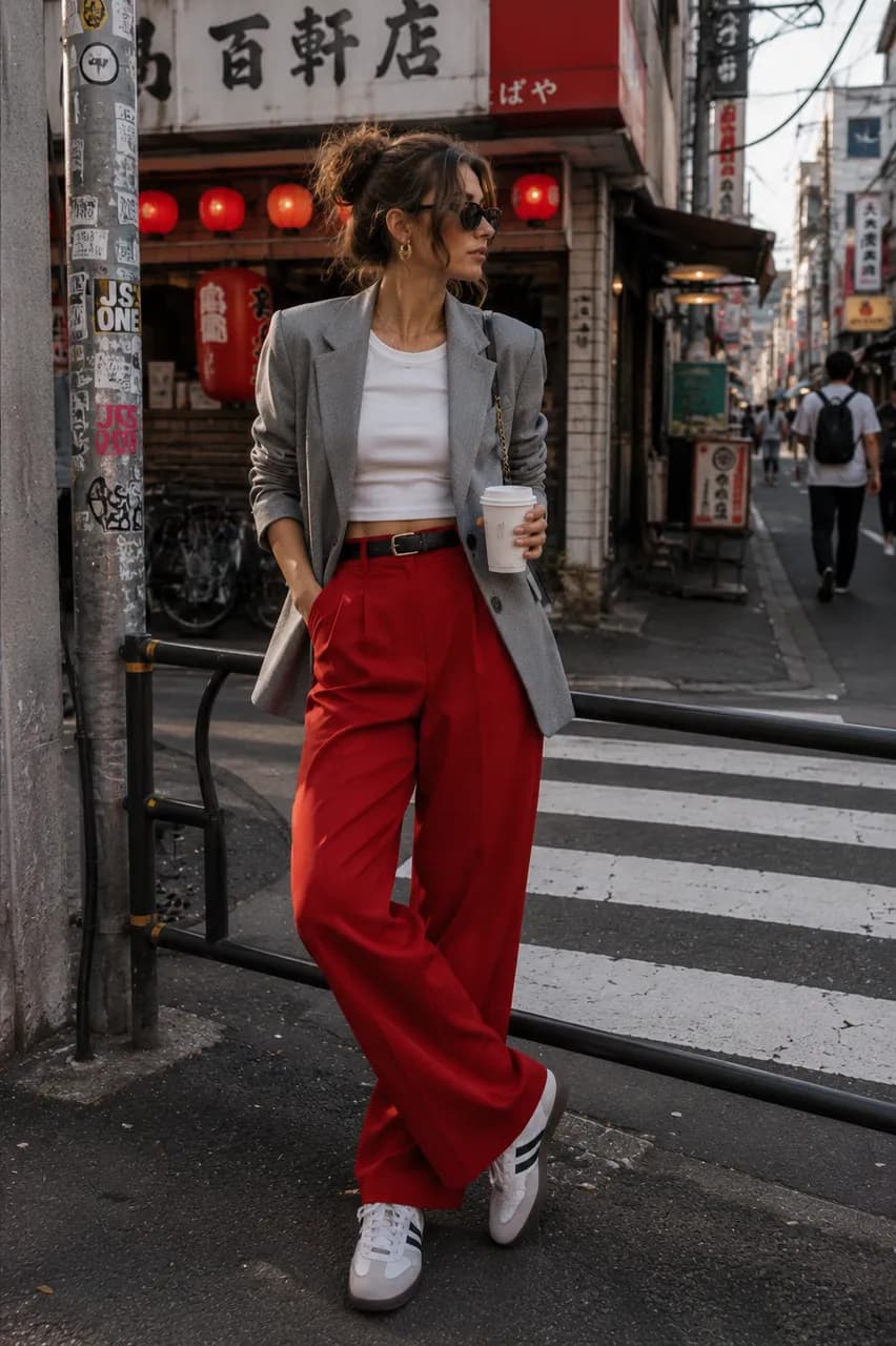 Estilo urbano con blazer y pantalones rojos