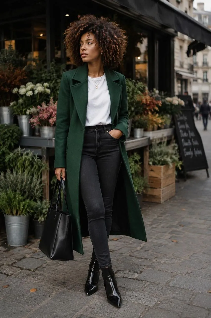Estilo urbano con abrigo verde y denim