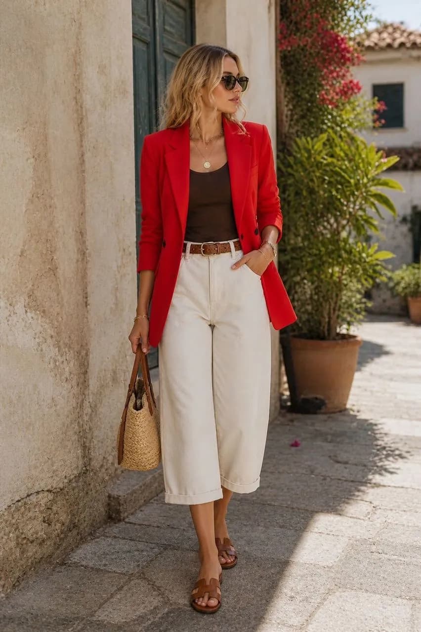 Americana en rojo, camiseta en marrón, pantalón en beige y sandalias en marrón