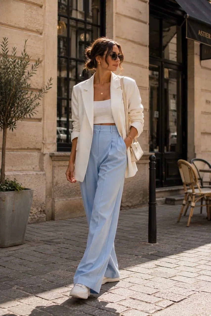 Blazer blanco y pantalones celestes para un look chic