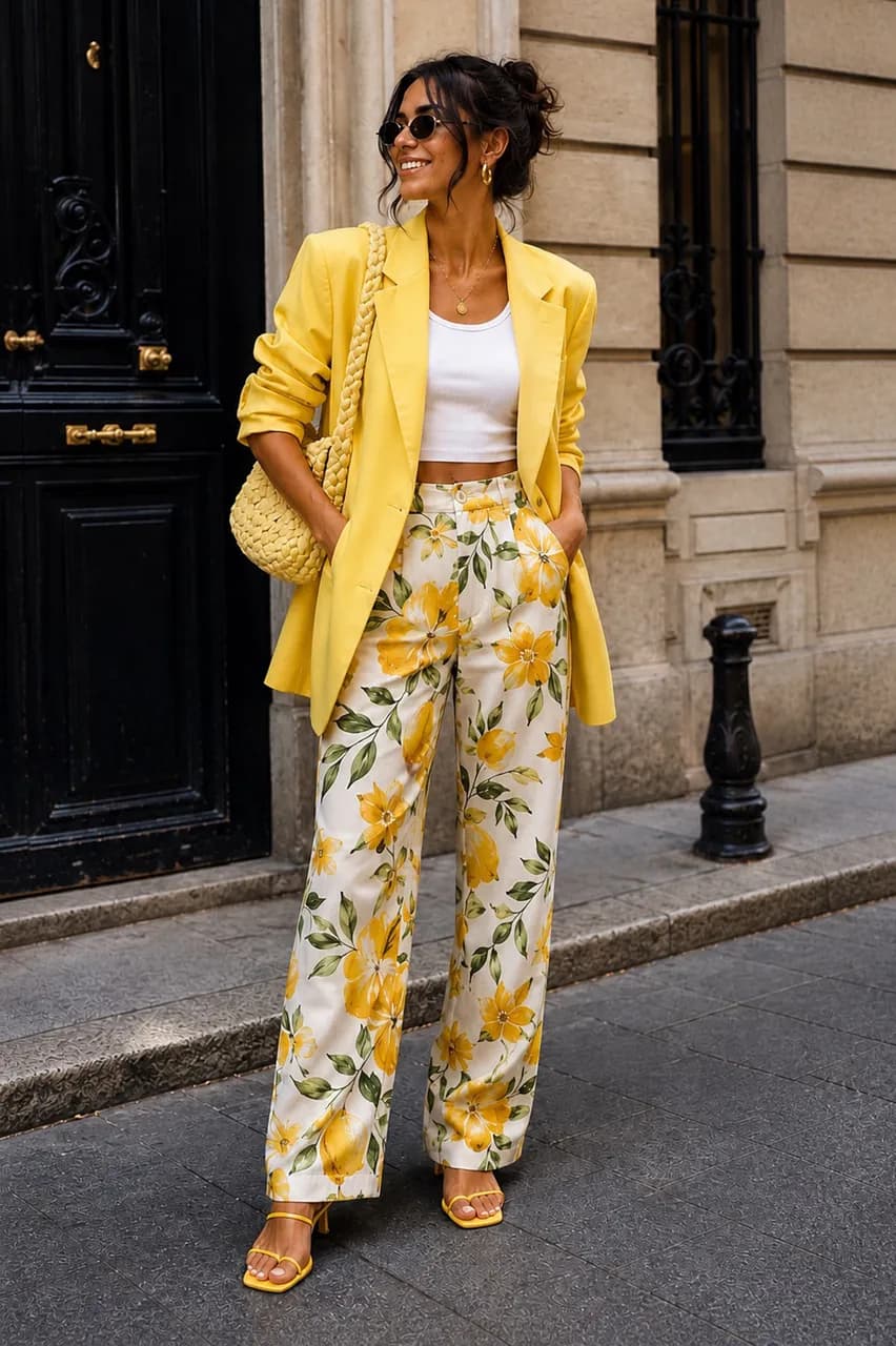 Estilo vibrante con blazer amarillo y estampados