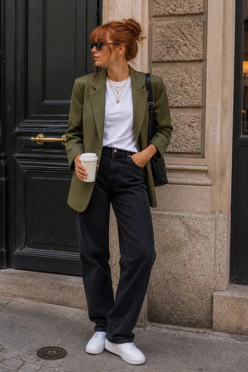 Estilo urbano con blazer verde y denim