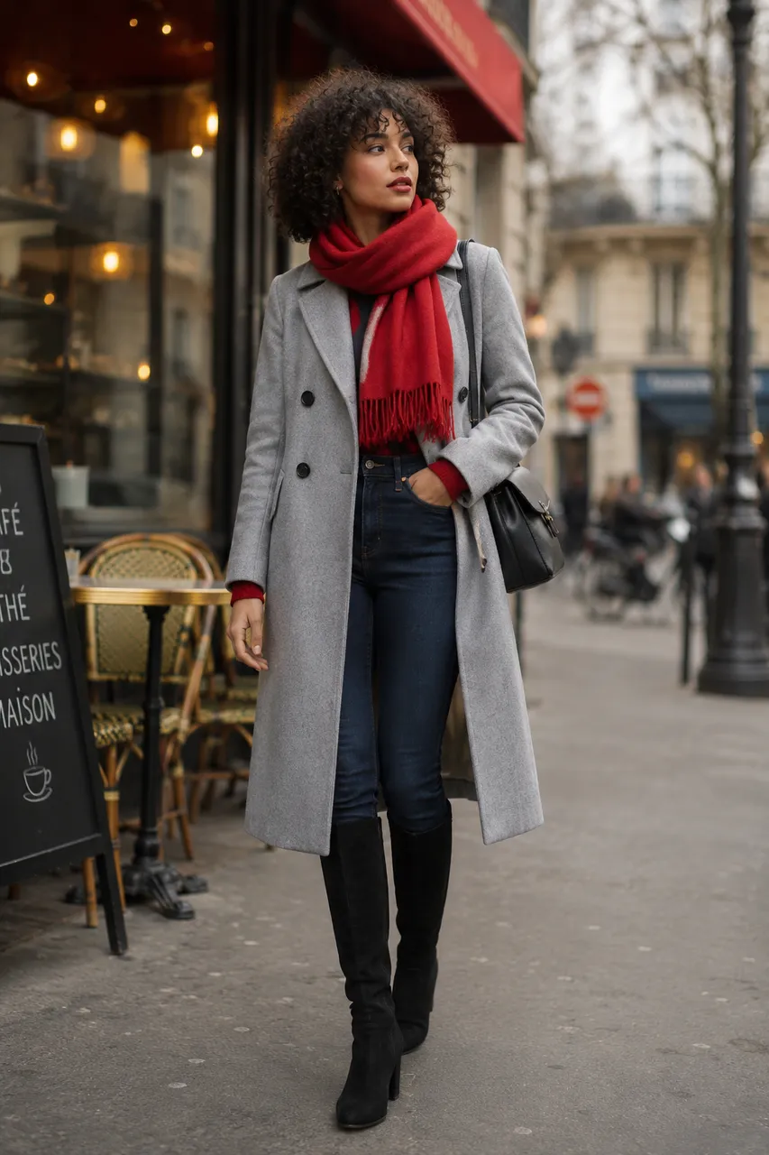 Estilo urbano con abrigo gris y bufanda roja