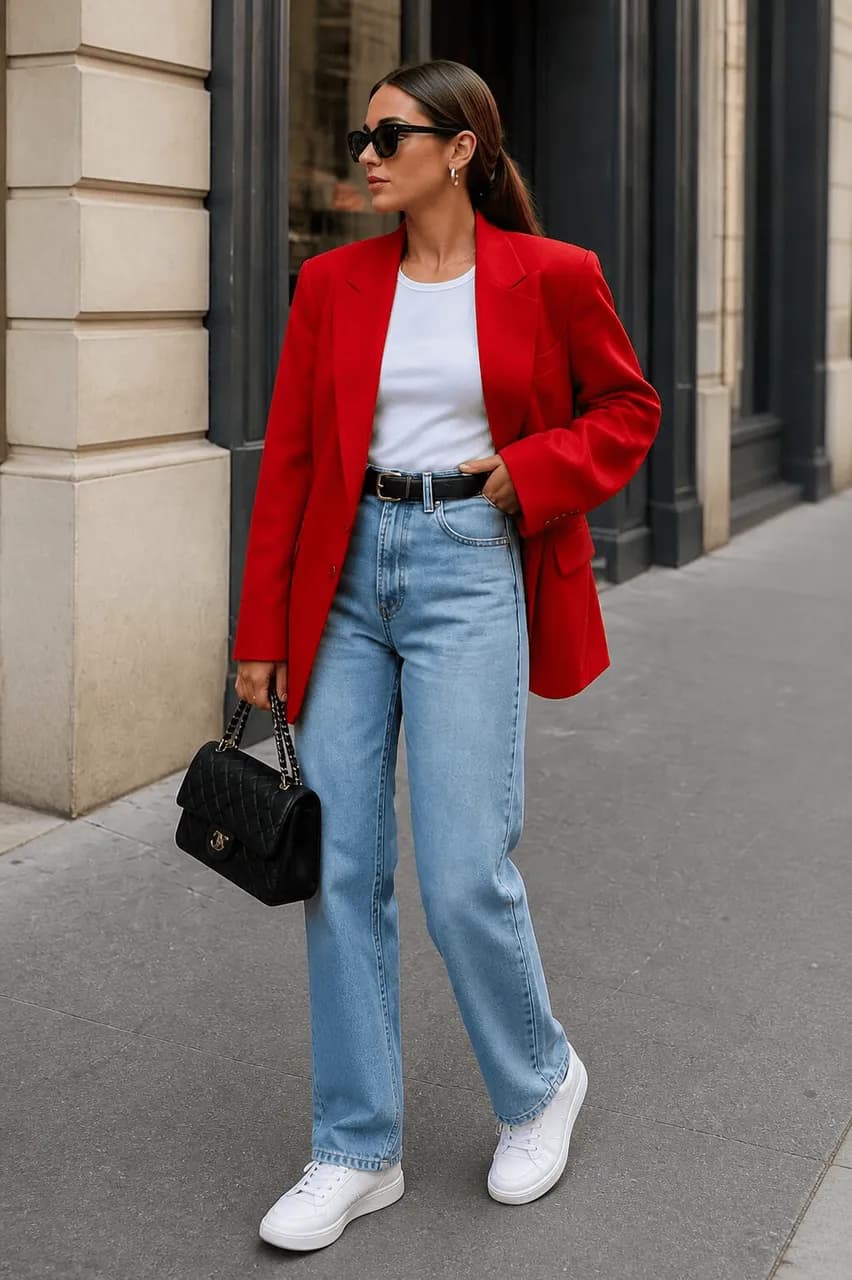 Americana en rojo, camiseta en blanco, vaqueros en azul y deportivas en blanco