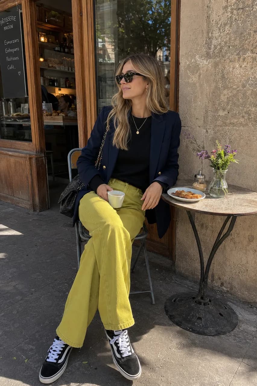 Estilo casual con blazer y pantalones vibrantes