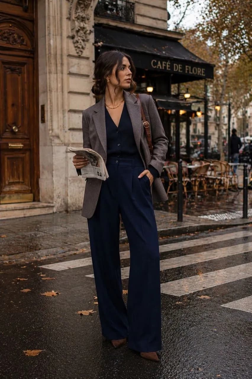 Estilo clásico con blazer y pantalones anchos