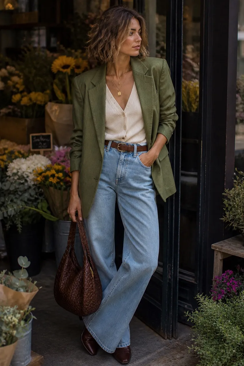 Americana en verde, jersey de punto en beige, vaqueros en azul y mocasines en ma