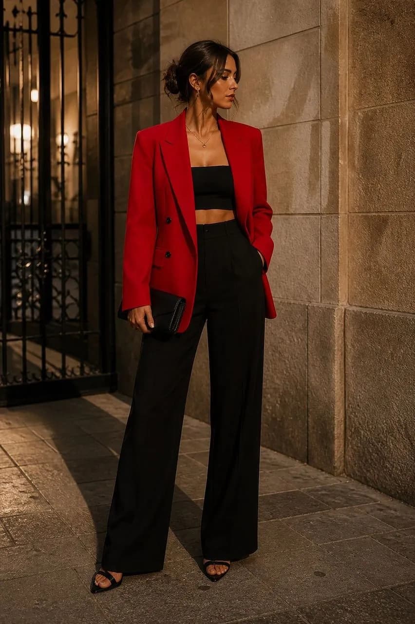 Americana en rojo, blusa en negro, pantalón en negro y tacones en negro