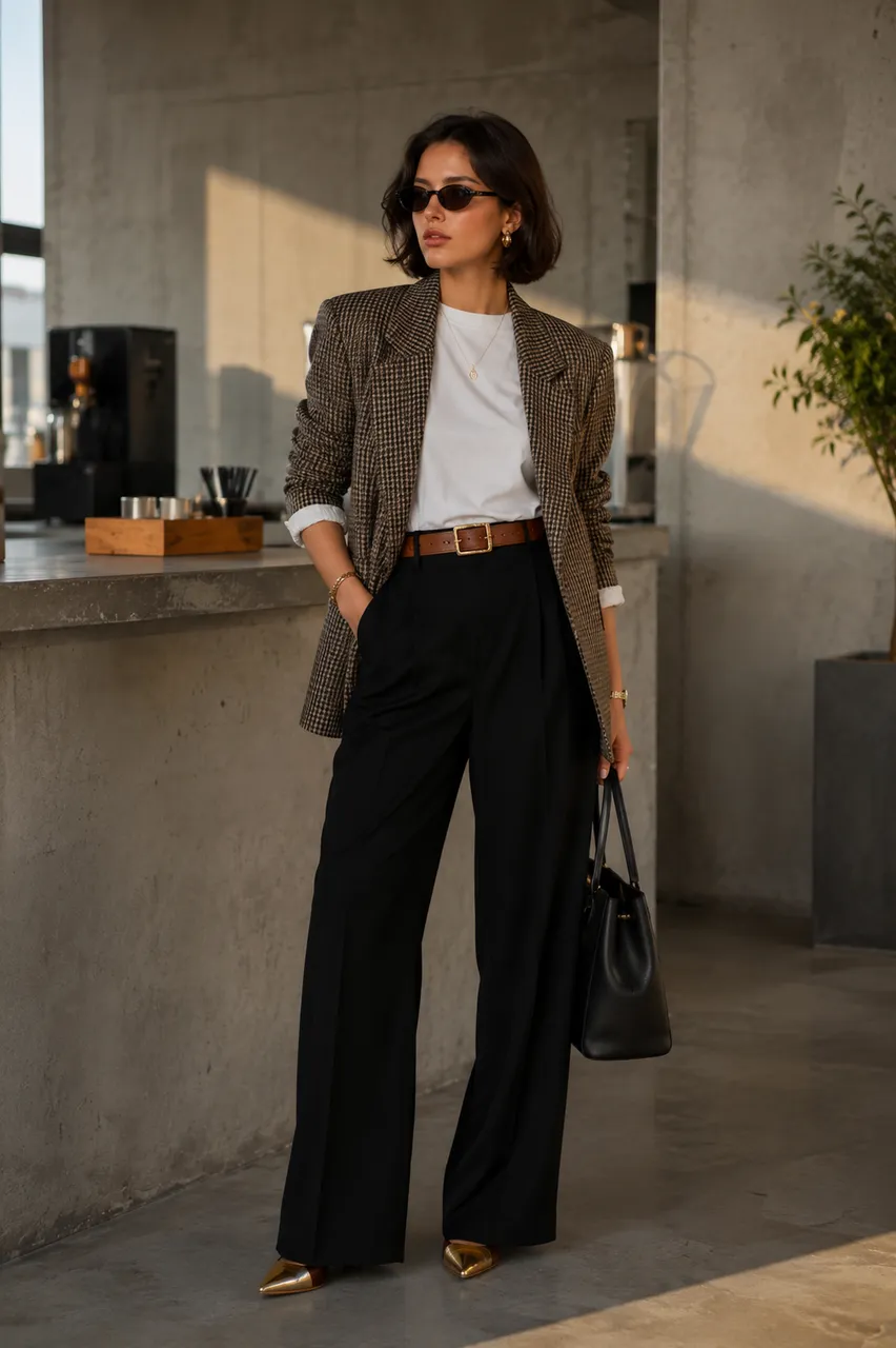 Estilo clásico con blazer a cuadros y pantalones negros