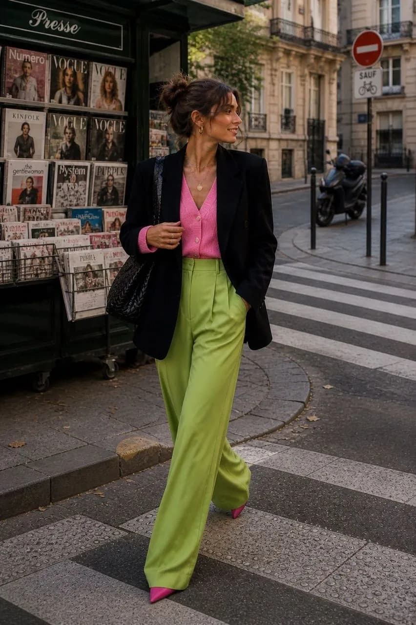 Combinación vibrante de blazer y pantalones verdes
