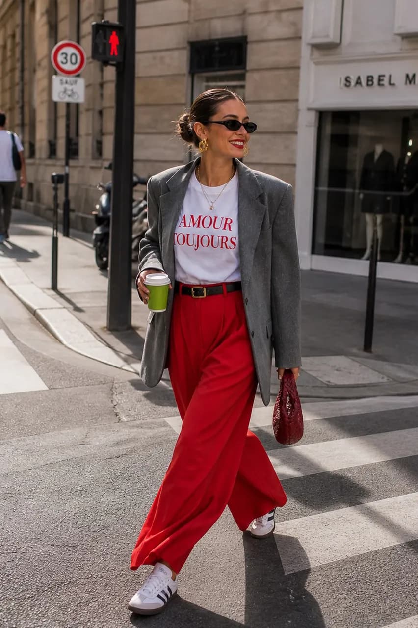 Estilo urbano con blazer gris y pantalones rojos