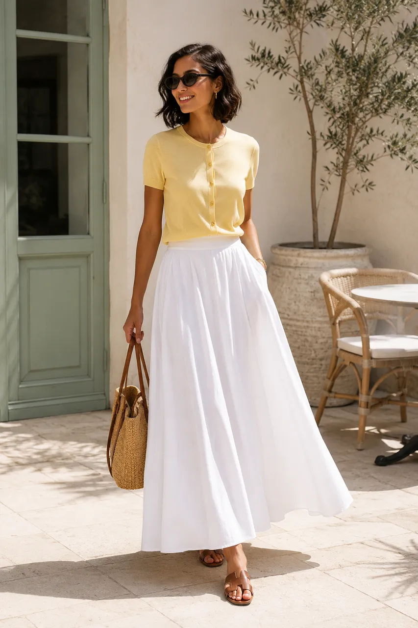 Estilo veraniego con falda blanca y top amarillo