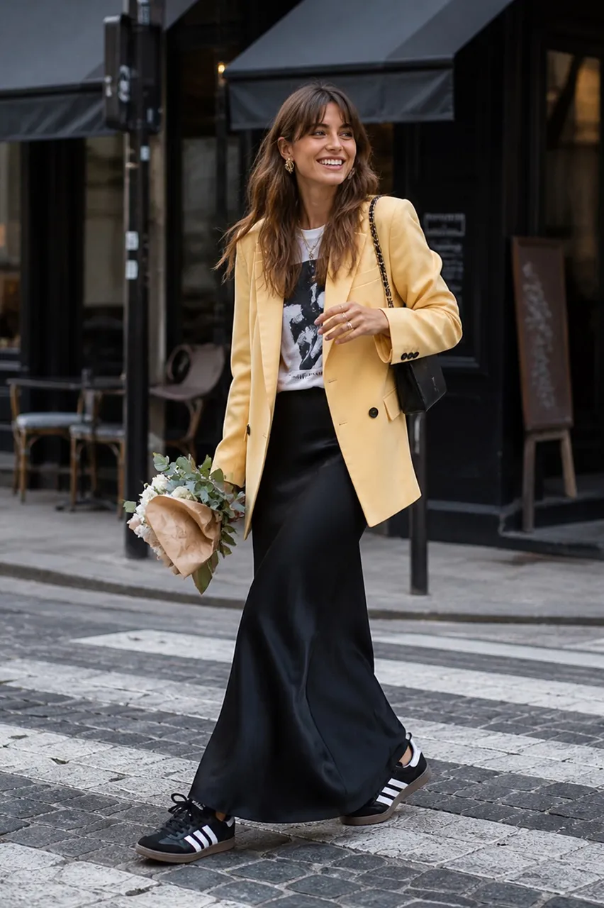 Estilo urbano con blazer amarillo y falda negra