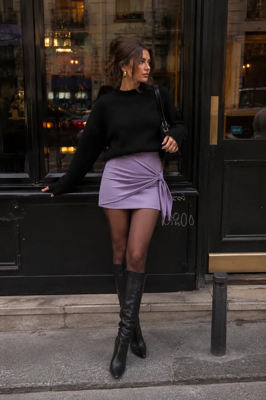 Estilo urbano con falda lila y botas